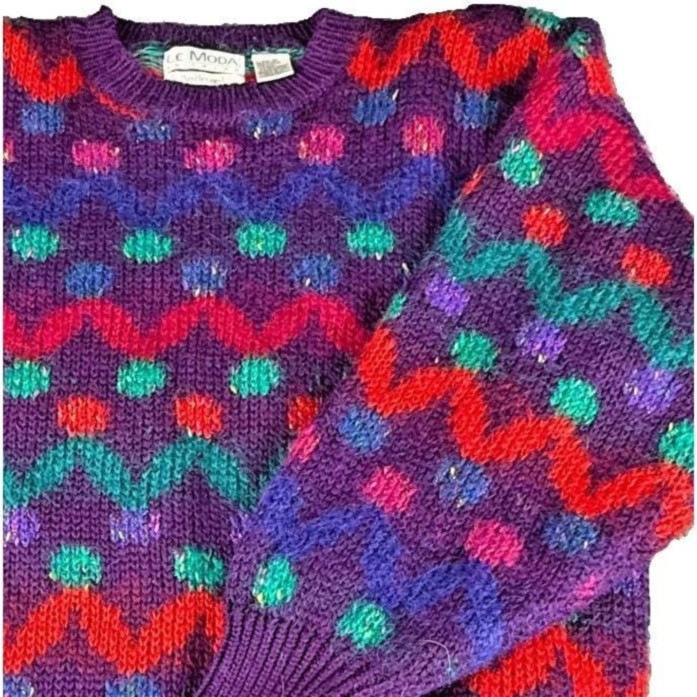 Vintage 80s Le Moda Mohair Wool Knit Sweater Mens XL Purple Zig Zag Hand Loomed